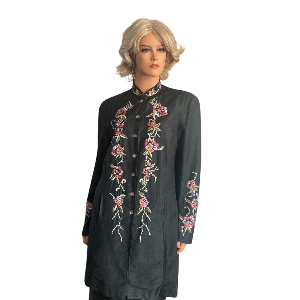 Vtg Embroidered Floral Jacket Blazer Silk Blend M Women’s Banded Collar Black - Picture 2 of 16